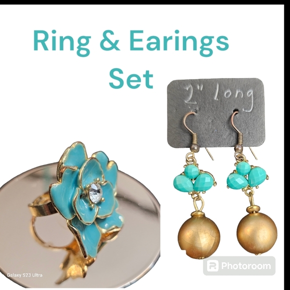 Large Turquoise Flower Ring with earings - Picture 1 of 9